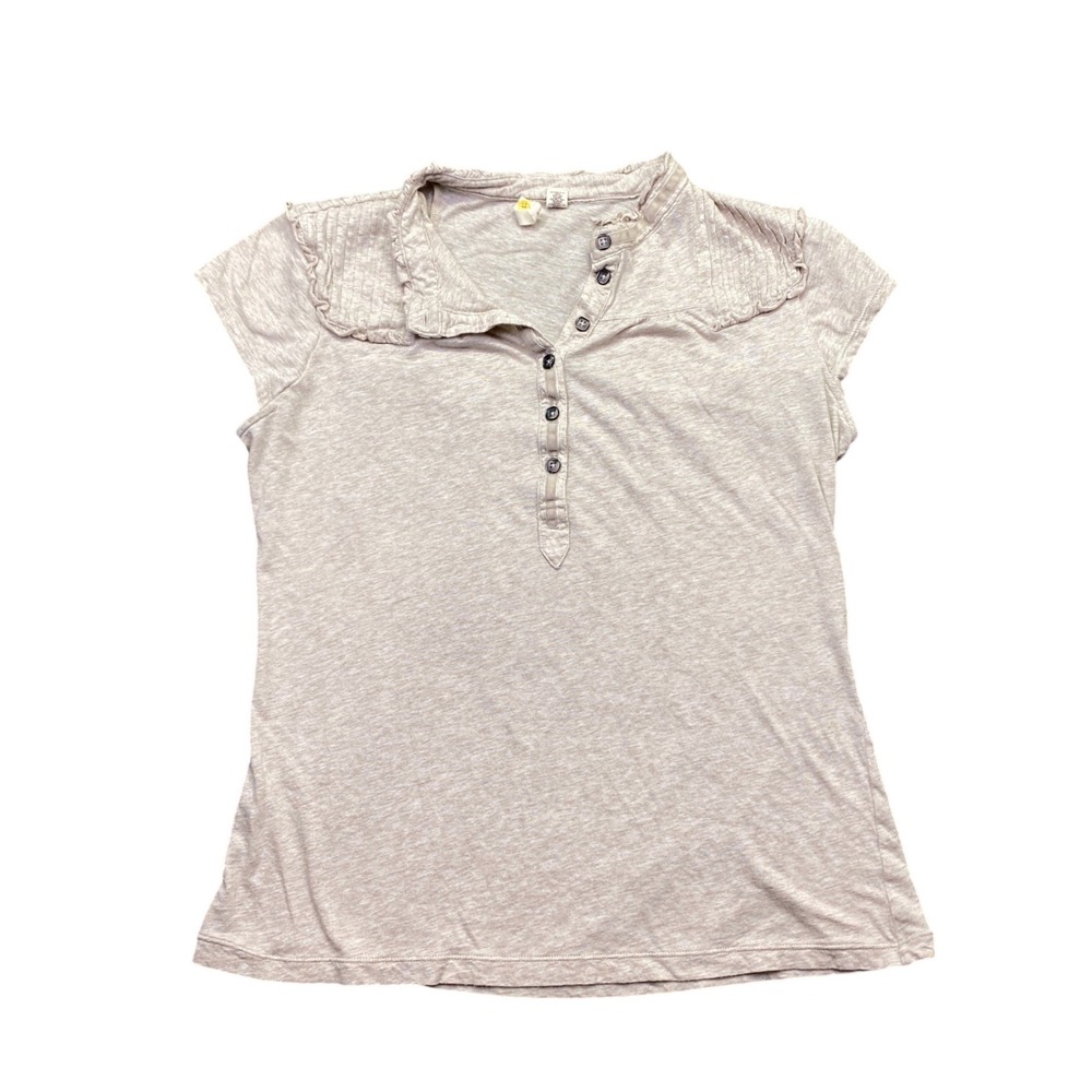 Little Yellow Button Anthropologie Tan Ruffle Henley Top Large Pima Cotton Blend